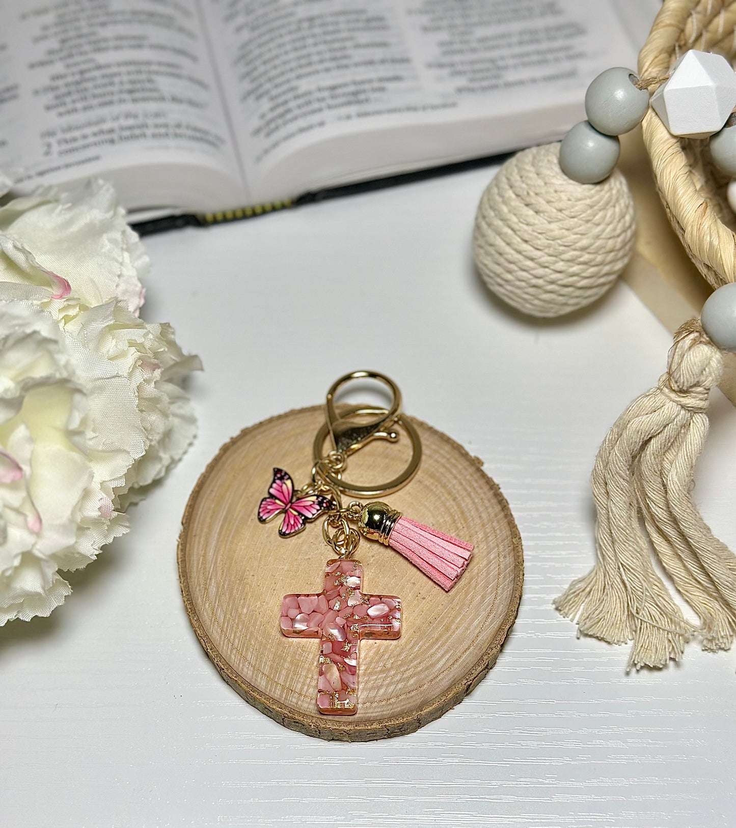 Coral Pink Cross Keychain 🩷