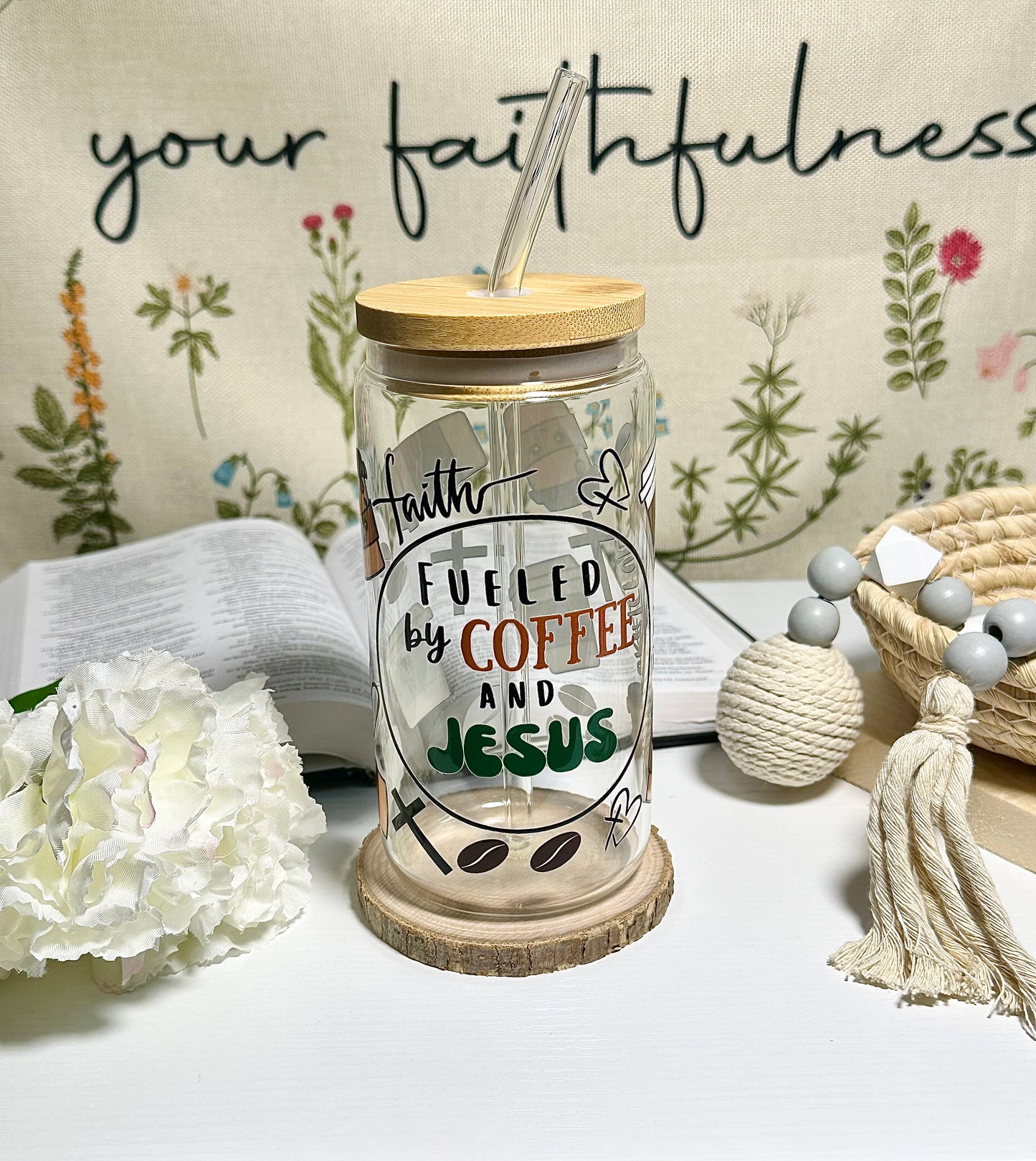 Fueled by Coffee and Jesus Glass Cup – 16 oz ☕💚✝️