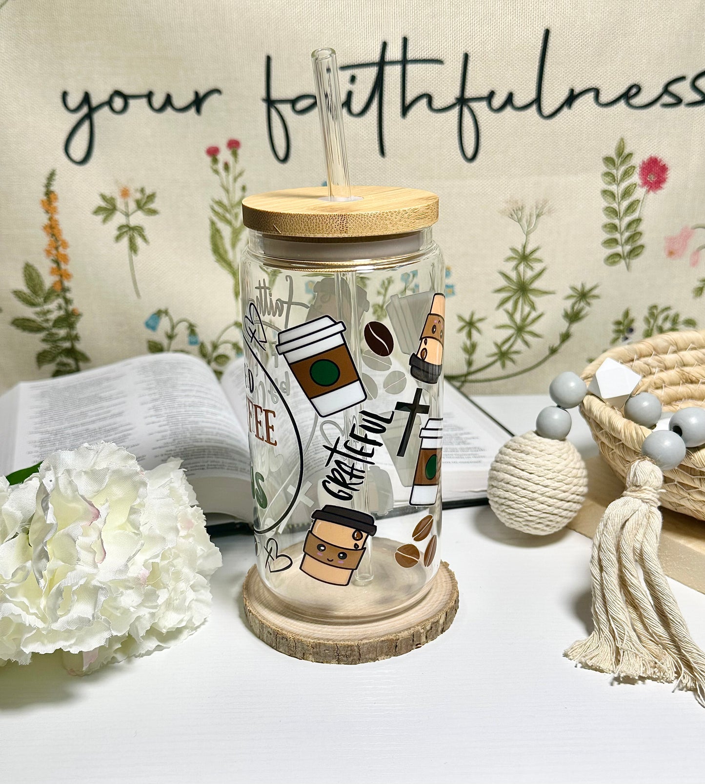 Fueled by Coffee and Jesus Glass Cup – 16 oz ☕💚✝️