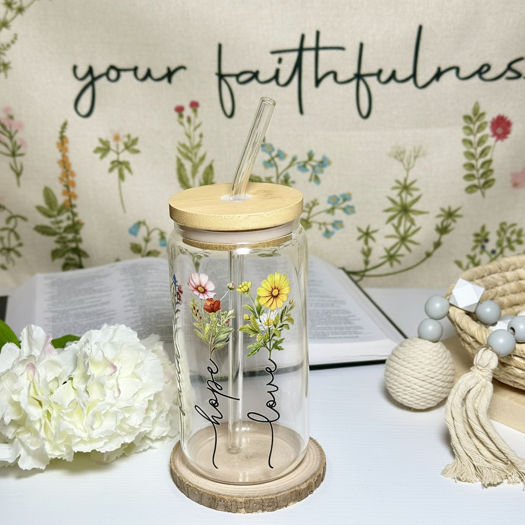 Faith, Hope, Love – 16oz Glass Cup 🌸