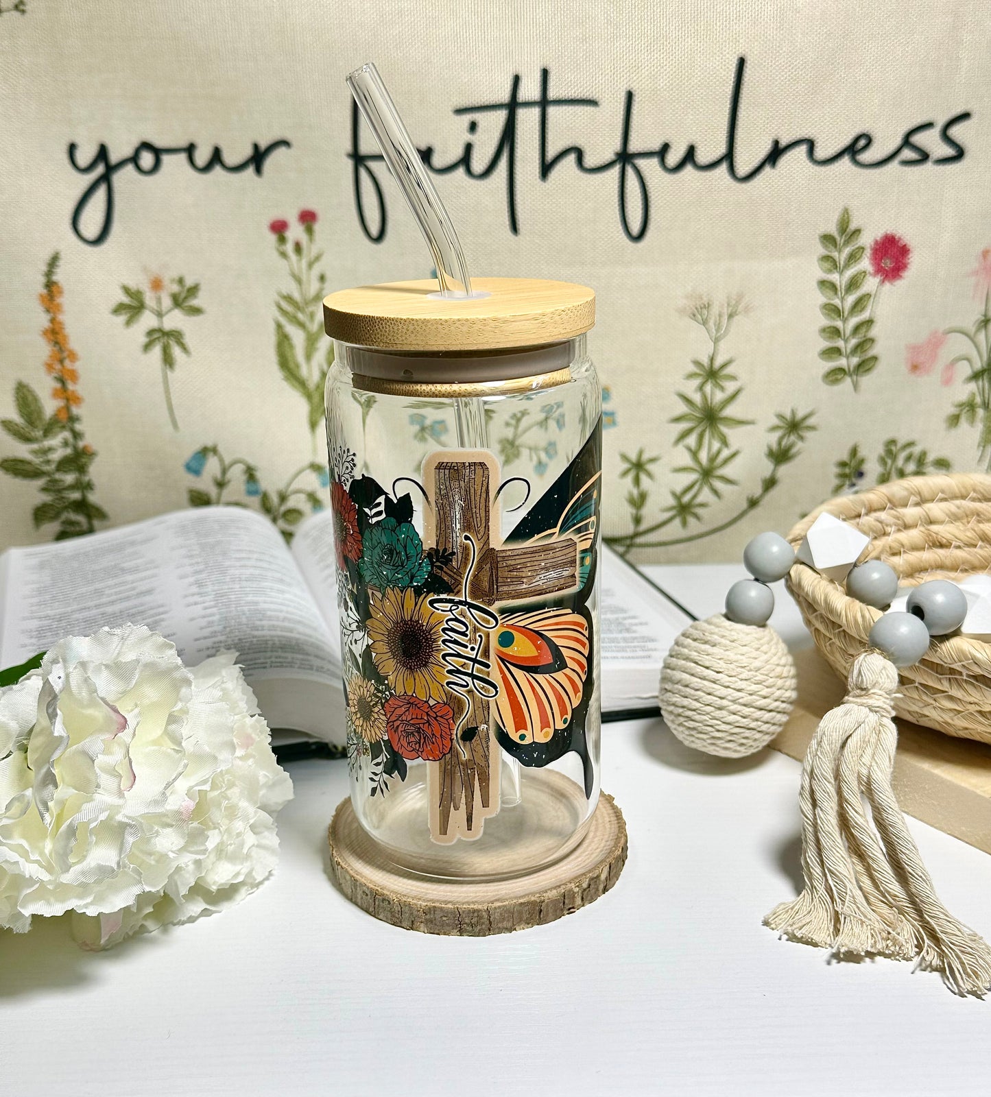 Faith Cross & Butterfly Glass Cup – 16 oz 🦋🌻✝️