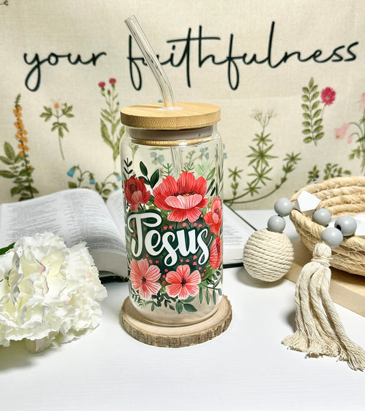 Jesus Floral Glass Cup – 16 oz 🌸
