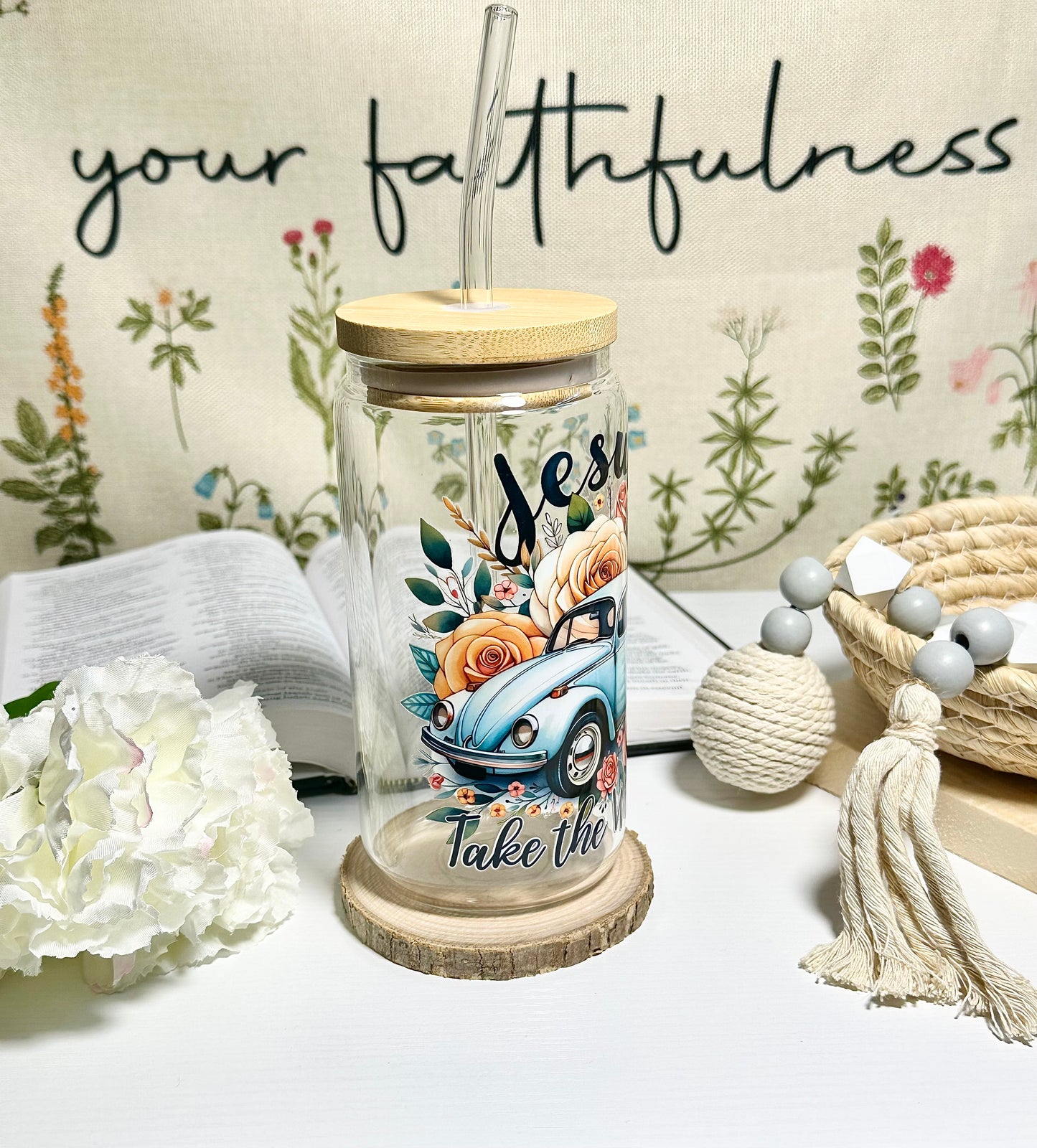 Jesus Take the Wheel Glass Cup – 16 oz 🌹