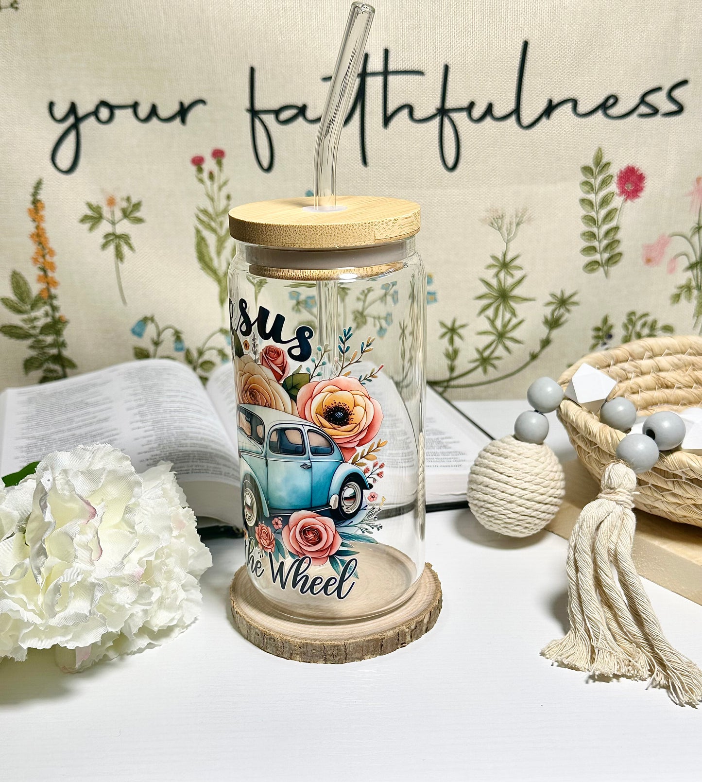 Jesus Take the Wheel Glass Cup – 16 oz 🌹