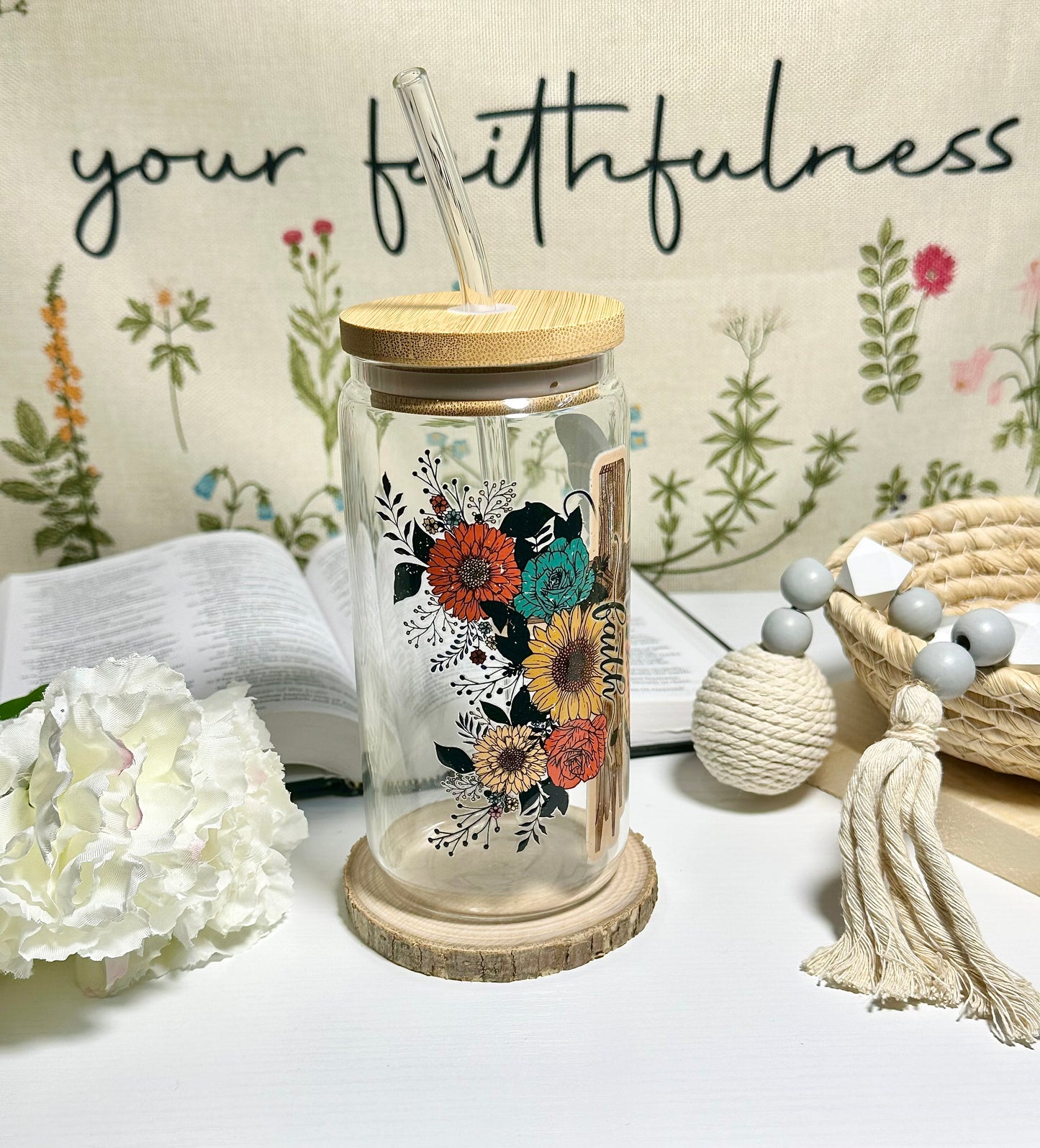Faith Cross & Butterfly Glass Cup – 16 oz 🦋🌻✝️