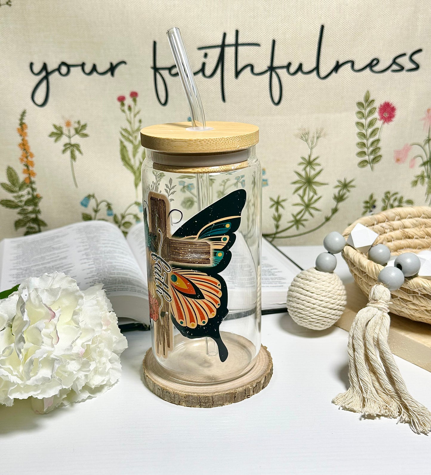 Faith Cross & Butterfly Glass Cup – 16 oz 🦋🌻✝️
