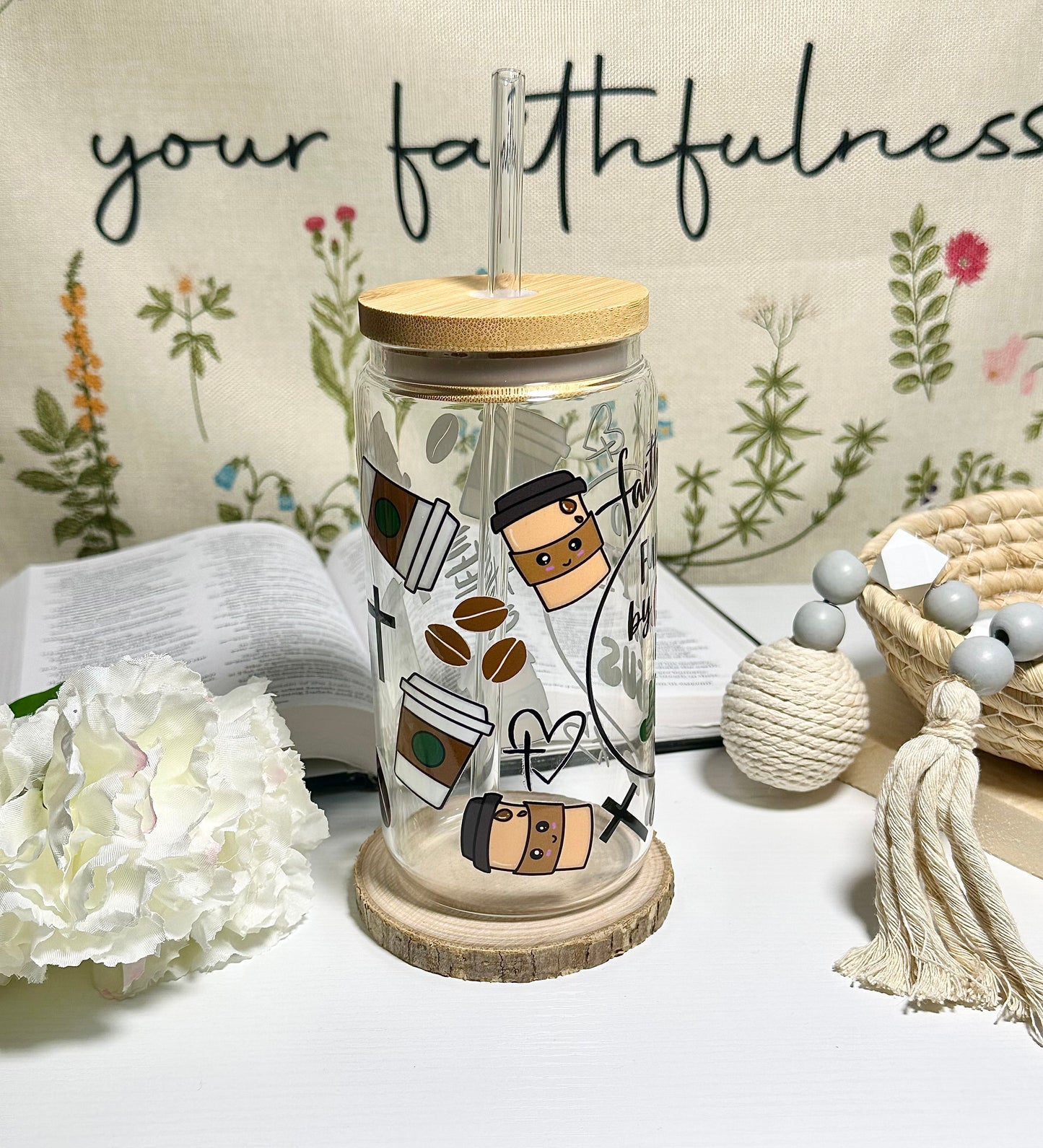 Fueled by Coffee and Jesus Glass Cup – 16 oz ☕💚✝️