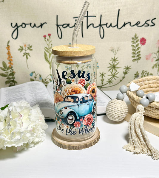 Jesus Take the Wheel Glass Cup – 16 oz 🌹