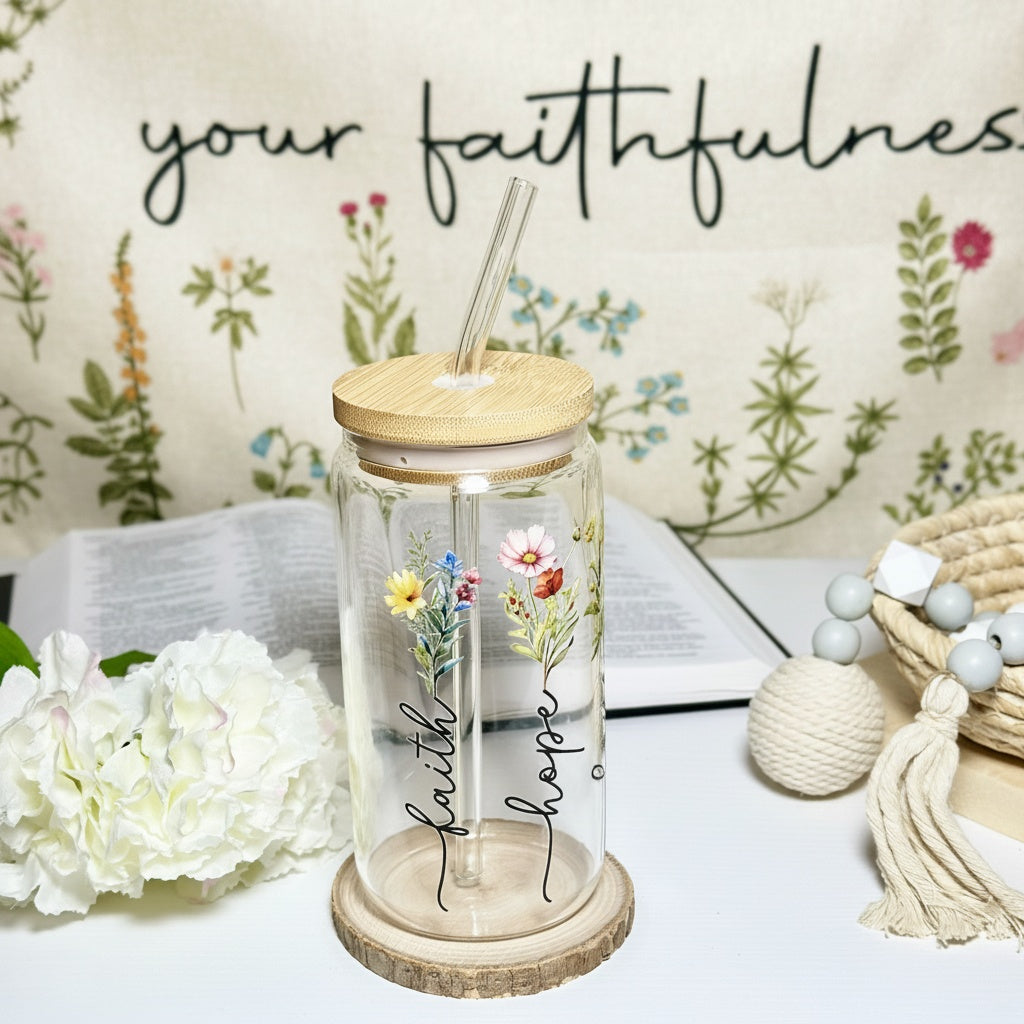 Faith, Hope, Love – 16oz Glass Cup 🌸